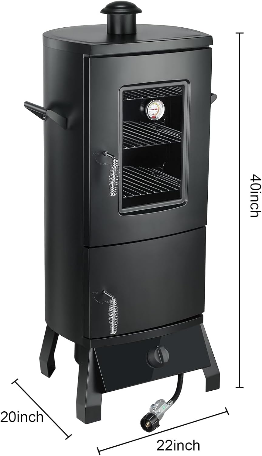 JXXM Vertical Propane Gas Smoker with Cover – Heavy Duty Outdoor BBQ Smoker Grill, 3 Removable Racks, Wood Chip Box & Water Pan