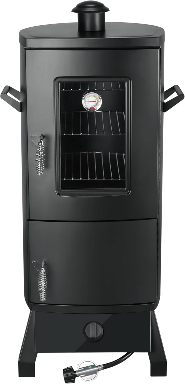 JXXM Vertical Propane Gas Smoker with Cover – Heavy Duty Outdoor BBQ Smoker Grill, 3 Removable Racks, Wood Chip Box & Water Pan