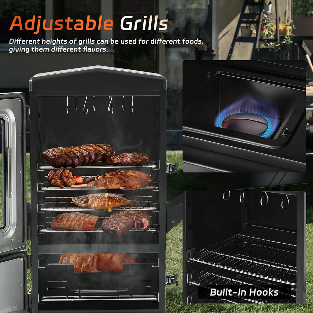 JXXM Outdoor Vertical Propane Gas Smoker with Cover, 4 Removable Racks, Adjustable Temperature Control, Heavy-Duty BBQ Grill for Backyard Cooking