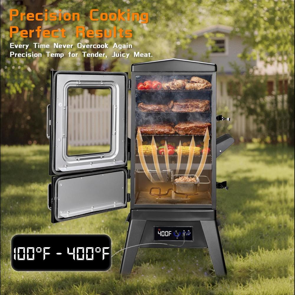 JXXM 40" Electric Smoker Grill, Black – Vertical BBQ Smoker with 633 Sq In Cooking Space, 4 Removable Racks, Meat Probe & Easy-Load Wood Chip Tray
