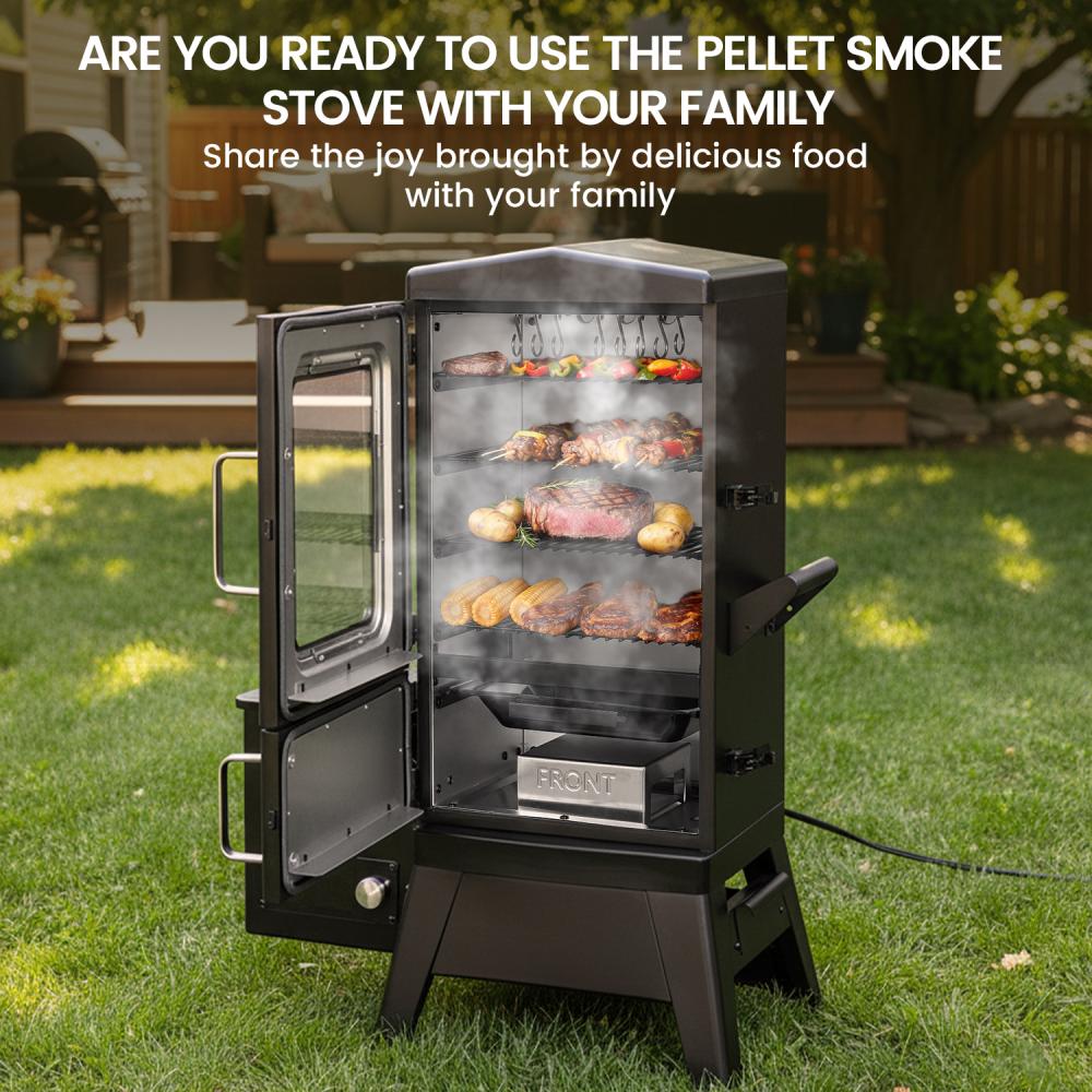 JXXM Vertical Electric Pellet Smoker Grill, Black, 616 Sq In Cooking Area, LED Temp Control, Meat Probe, 4 Racks, Outdoor BBQ Smoker