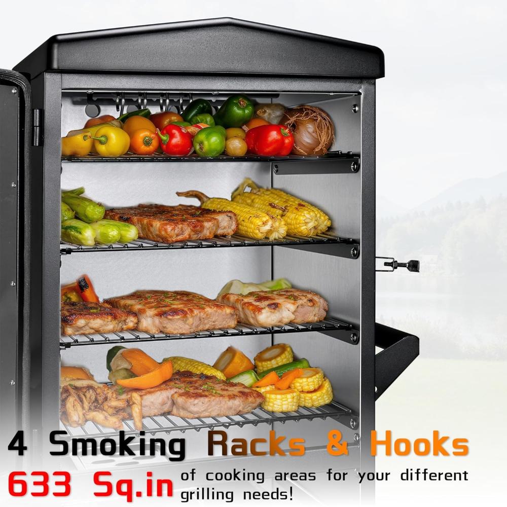 JXXM 40" Electric Smoker Grill, Black – Vertical BBQ Smoker with 633 Sq In Cooking Space, 4 Removable Racks, Meat Probe & Easy-Load Wood Chip Tray