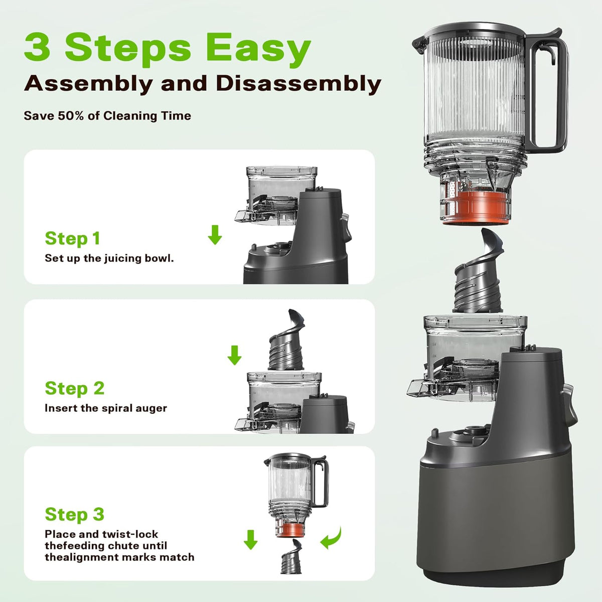 Cold Press Juicer, Juicer Machines with 5.3" Wide Feed Chute, Slow Masticating Juicer for Whole Fruits and with VegetablesHigh Yield (Gray)