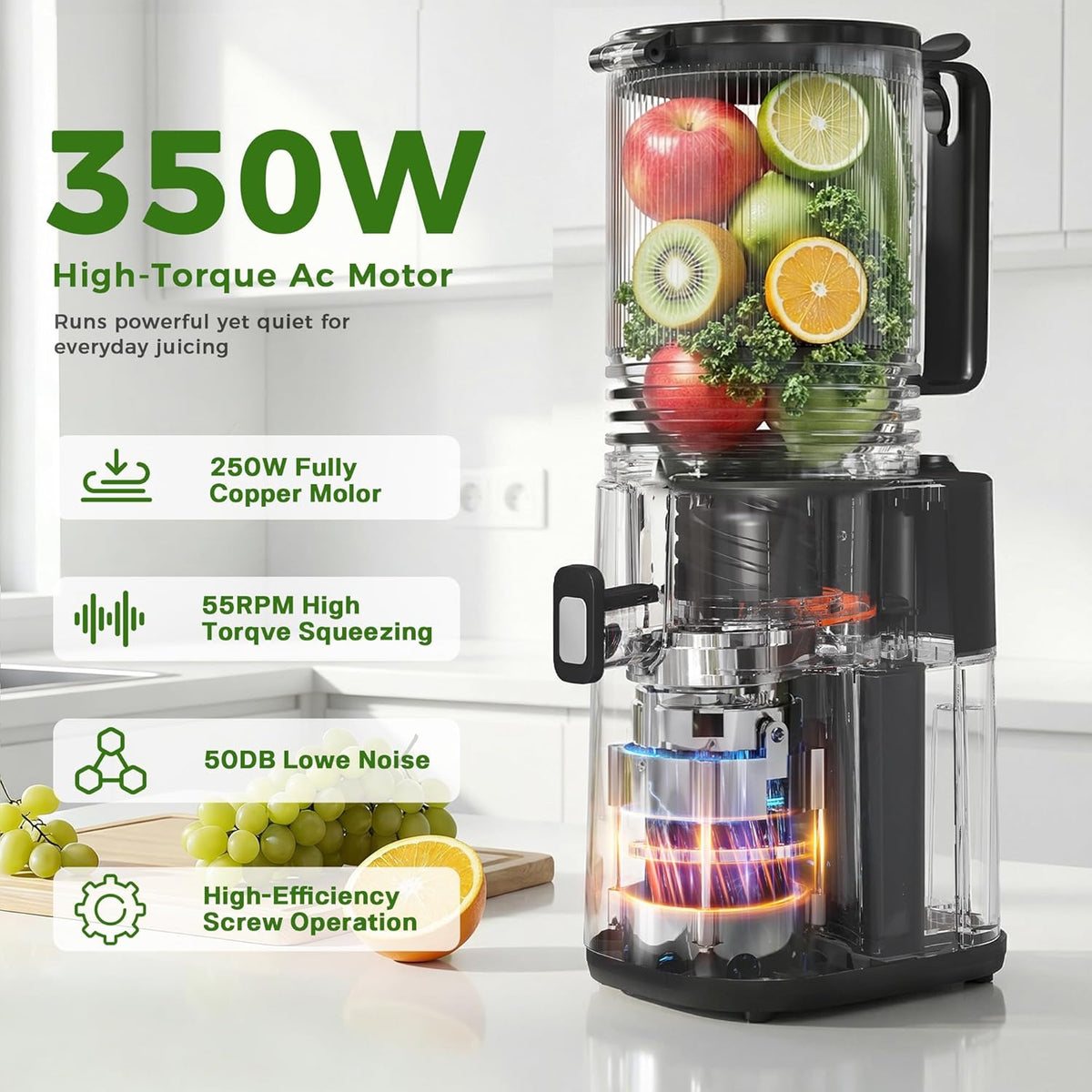 Cold Press Juicer, 5.5inch Wide Feed Chute Juicer Machine, Slow Masticating Juicer for Whole Vegetables & Fruits, Black