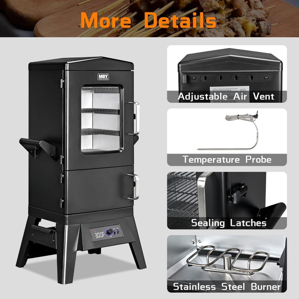 JXXM 40" Electric Smoker Grill, Black – Vertical BBQ Smoker with 633 Sq In Cooking Space, 4 Removable Racks, Meat Probe & Easy-Load Wood Chip Tray